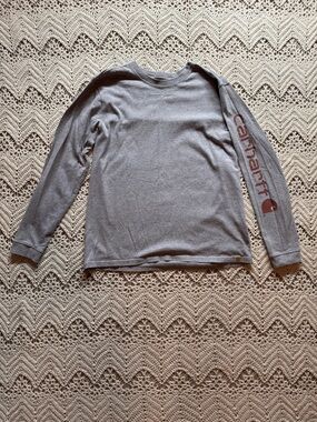 Carhartt Women Medium Gray Long Sleeve with Rust Sleeve Logo Workwear Graphic